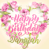 A stunning heart made of pink roses surrounds the elegant script text 'Happy Birthday Jamyah' on a soft beige background. Animated sparkles add a magical and festive feel.