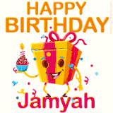 A vibrant and funny gift box character with a happy face dancing with a cupcake and the text 'Happy Birthday Jamyah,' surrounded by animated confetti and party vibes.