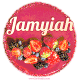 Beautifully decorated red velvet berry birthday cake with vibrant fruits and a glowing 'Jamyiah' name, adding a touch of sweetness and sparkle.