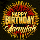 Golden 'Happy Birthday Jamyiah' text accompanied by animated rainbow fireworks for a festive animated greeting.