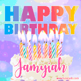 A vibrant animated name GIF with the words 'Happy Birthday Jamyiah' with colorful candles on a creamy cake. The background sparkles with pastel shades, adding a festive touch.