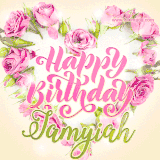 A stunning heart made of pink roses surrounds the elegant script text 'Happy Birthday Jamyiah' on a soft beige background. Animated sparkles add a magical and festive feel.