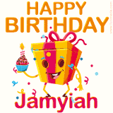 A vibrant and funny gift box character with a happy face dancing with a cupcake and the text 'Happy Birthday Jamyiah,' surrounded by animated confetti and party vibes.