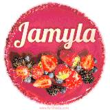 Beautifully decorated red velvet berry birthday cake with vibrant fruits and a glowing 'Jamyla' name, adding a touch of sweetness and sparkle.