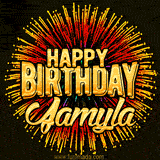 Golden 'Happy Birthday Jamyla' text accompanied by animated rainbow fireworks for a festive animated greeting.