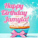 A festive cupcake with pink icing, a gingham bow, and a lit animated sparkler, paired with 'Happy Birthday Jamyla!' in bright pink text.