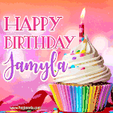 A vibrant birthday GIF featuring a rainbow-colored cupcake topped with white frosting, sprinkles, and a lit candle. The text reads 'Happy Birthday Jamyla' in bold pink and violet letters with white outline.