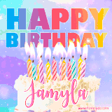 A vibrant animated name GIF with the words 'Happy Birthday Jamyla' with colorful candles on a creamy cake. The background sparkles with pastel shades, adding a festive touch.