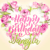 A stunning heart made of pink roses surrounds the elegant script text 'Happy Birthday Jamyla' on a soft beige background. Animated sparkles add a magical and festive feel.
