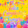 A bright and festive GIF with the text 'Feliz Cumpleaños Jamyra' in Spanish in colorful fonts, surrounded by confetti, balloons, and festive banners on a vibrant yellow background.