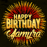 Golden 'Happy Birthday Jamyra' text accompanied by animated rainbow fireworks for a festive animated greeting.
