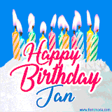 A cheerful animated GIF featuring colorful lit birthday candles on a white cake, with the text 'Happy Birthday Jan' in bold red and blue script on a bright blue background.
