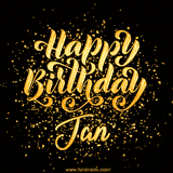 Animated GIF with colorful, festive 'Happy Birthday Jan' text decorated with patterns, a party hat, and falling confetti. A vibrant and cheerful design for birthday celebrations.
