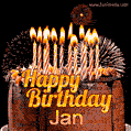A rich chocolate cake topped with glowing birthday candles and surrounded by bright fireworks. The animated GIF displays the message 'Happy Birthday Jan' in golden text.