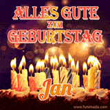 An animated GIF featuring 'Alles Gute Zum Geburtstag Jan' in glowing red and gold letters above a cake with colorful lit candles, set against a festive sparkling background.