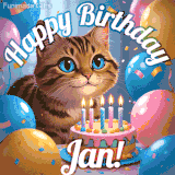 A playful tabby cat sits behind a colorful birthday cake surrounded by balloons and confetti, with 'Happy Birthday Jan!' written above in festive letters.