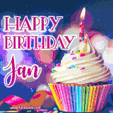A festive animated GIF featuring a colorful cupcake with a single lit candle, sprinkles, and 'Happy Birthday Jan' text against a sparkling, celebratory background.