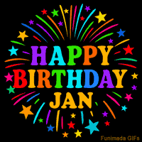 Vibrant animated GIF with 'Happy Birthday Jan' in rainbow-colored text, surrounded by colorful stars and fireworks on a black background.