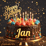 A rich chocolate frosted cake on a gold stand with glowing yellow candles, personalized with the name Jan.