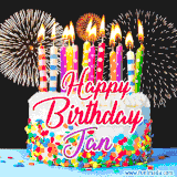 A lively happy birthday animated GIF showcasing a colorful birthday cake covered in sprinkles, topped with glowing candles, and surrounded by vibrant fireworks. The name 'Jan' is featured in elegant script.