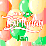 Animated GIF featuring colorful balloons in the background with the cheerful text 'Happy Birthday Jan'.