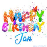 Animated GIF with colorful, festive 'Happy Birthday Jan' text decorated with patterns, a party hat, and falling confetti. A vibrant and cheerful design for birthday celebrations.