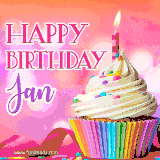A vibrant birthday GIF featuring a rainbow-colored cupcake topped with white frosting, sprinkles, and a lit candle. The text reads 'Happy Birthday Jan' in bold pink and violet letters with white outline.