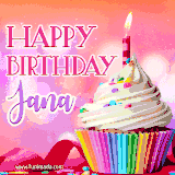 A vibrant birthday GIF featuring a rainbow-colored cupcake topped with white frosting, sprinkles, and a lit candle. The text reads 'Happy Birthday Jana' in bold pink and violet letters with white outline.