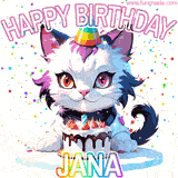 Adorable party-themed animated cat next to a lit birthday cake with text that says 'Happy Birthday Jana,' surrounded by colorful decorations and sparkles.