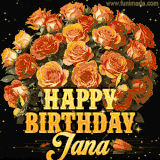 Animated bouquet of orange roses with moving butterfles and golden 'Happy Birthday Jana' text, surrounded by sparkling accents and a dark backdrop for a luxurious feel.