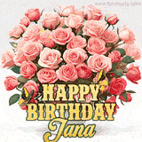 Golden 'Happy Birthday Jana' text beneath a vibrant bouquet of orange roses, complete with glittering butterflies and sparkling details.