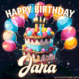 Bright birthday animation for Jana with a chocolate cake, candles, balloons, and glowing celebratory lights.