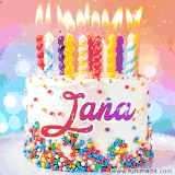 A cheerful white birthday cake with multicolor sprinkles, lit candles, and 'Jana' written in vibrant letters, in an animated GIF.