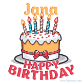 Cartoon birthday cake with a red bow, glowing candles, and 'Jana Happy Birthday' text in bold animated style.