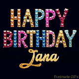 Vibrant luxury birthday greeting card for Jana, showing glittering gemstone letters and golden calligraphy on a dark background with twinkling shine effects.