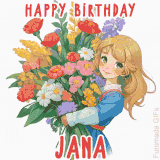 Bright floral birthday animation for Jana showing a cute cartoon girl with golden hair and expressive eyes holding a huge bouquet, surrounded by birthday text.