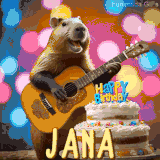 Animated birthday GIF showing a capybara playing guitar and singing beside a birthday cake with the name Jana in large letters and colorful bokeh lights in the background.