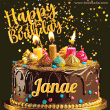 A delightful chocolate birthday cake with bright candles and 'Happy Birthday Janae' written in gold amidst a shower of animated stars.
