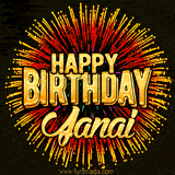 Golden 'Happy Birthday Janai' text accompanied by animated rainbow fireworks for a festive animated greeting.