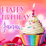 A vibrant birthday GIF featuring a rainbow-colored cupcake topped with white frosting, sprinkles, and a lit candle. The text reads 'Happy Birthday Janai' in bold pink and violet letters with white outline.