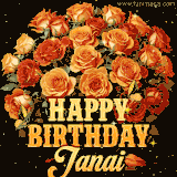 Animated bouquet of orange roses with moving butterfles and golden 'Happy Birthday Janai' text, surrounded by sparkling accents and a dark backdrop for a luxurious feel.