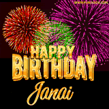 A golden 'Happy Birthday Janai' message with vibrant fireworks in the background, creating a festive and celebratory vibe in this animated name GIF.