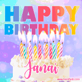 A vibrant animated name GIF with the words 'Happy Birthday Janai' with colorful candles on a creamy cake. The background sparkles with pastel shades, adding a festive touch.