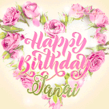 A stunning heart made of pink roses surrounds the elegant script text 'Happy Birthday Janai' on a soft beige background. Animated sparkles add a magical and festive feel.