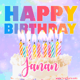 A vibrant animated name GIF with the words 'Happy Birthday Janan' with colorful candles on a creamy cake. The background sparkles with pastel shades, adding a festive touch.