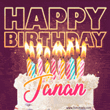A colorful birthday cake topped with lit candles, with the words 'Happy Birthday Janan' in bold glowing letters on a burgundy background. Animated flames add a festive touch.