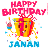 A vibrant and funny gift box character with a happy face dancing with a cupcake and the text 'Happy Birthday Janan,' surrounded by animated confetti and party vibes.