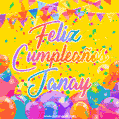 A bright and festive GIF with the text 'Feliz Cumpleaños Janay' in Spanish in colorful fonts, surrounded by confetti, balloons, and festive banners on a vibrant yellow background.
