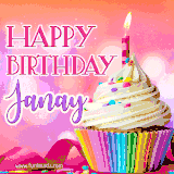 A vibrant birthday GIF featuring a rainbow-colored cupcake topped with white frosting, sprinkles, and a lit candle. The text reads 'Happy Birthday Janay' in bold pink and violet letters with white outline.