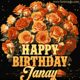 Animated bouquet of orange roses with moving butterfles and golden 'Happy Birthday Janay' text, surrounded by sparkling accents and a dark backdrop for a luxurious feel.